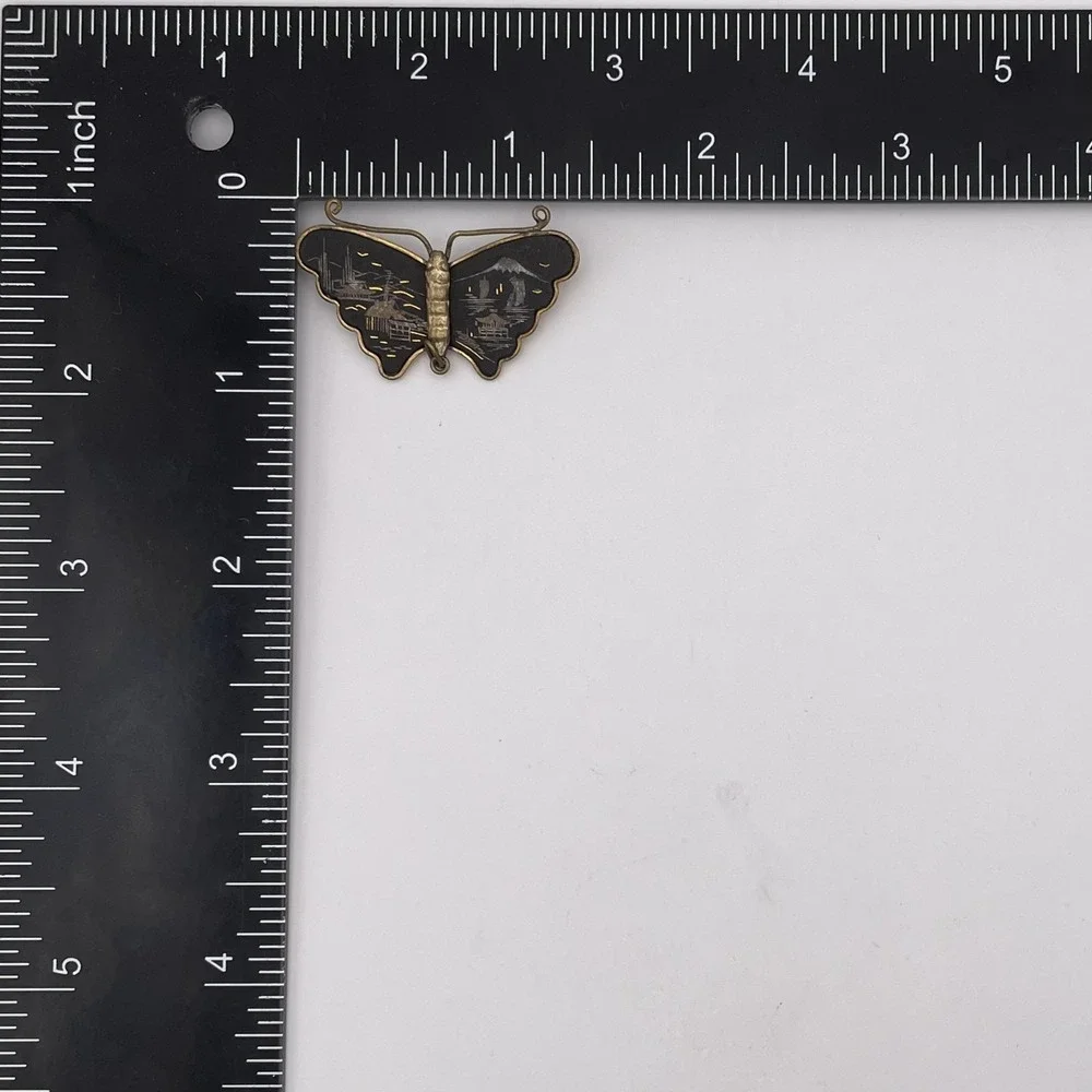Vintage Damascene Brooch Japanese Butterfly Scenic Pin